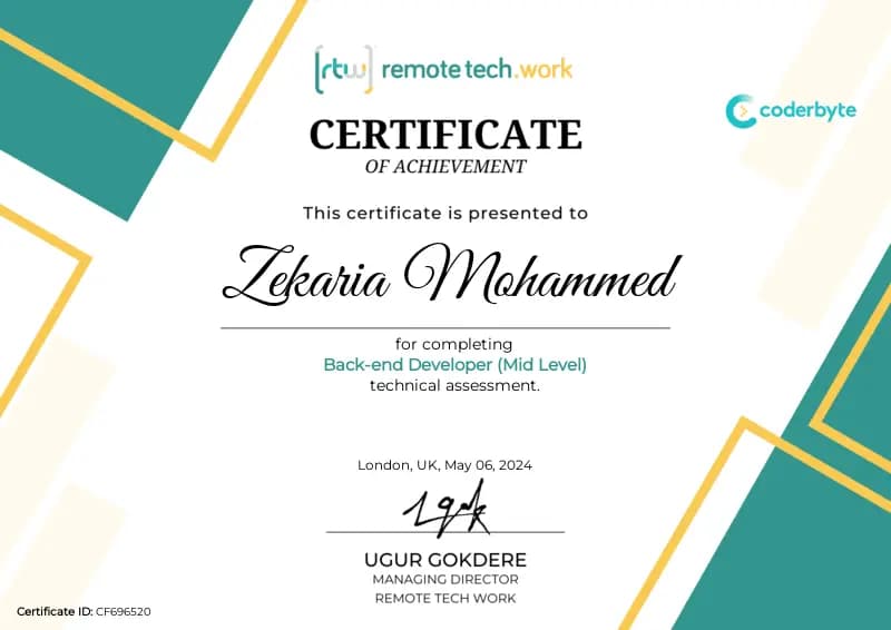 Back-end Developer (Mid-level) certificate from Remote tech.work